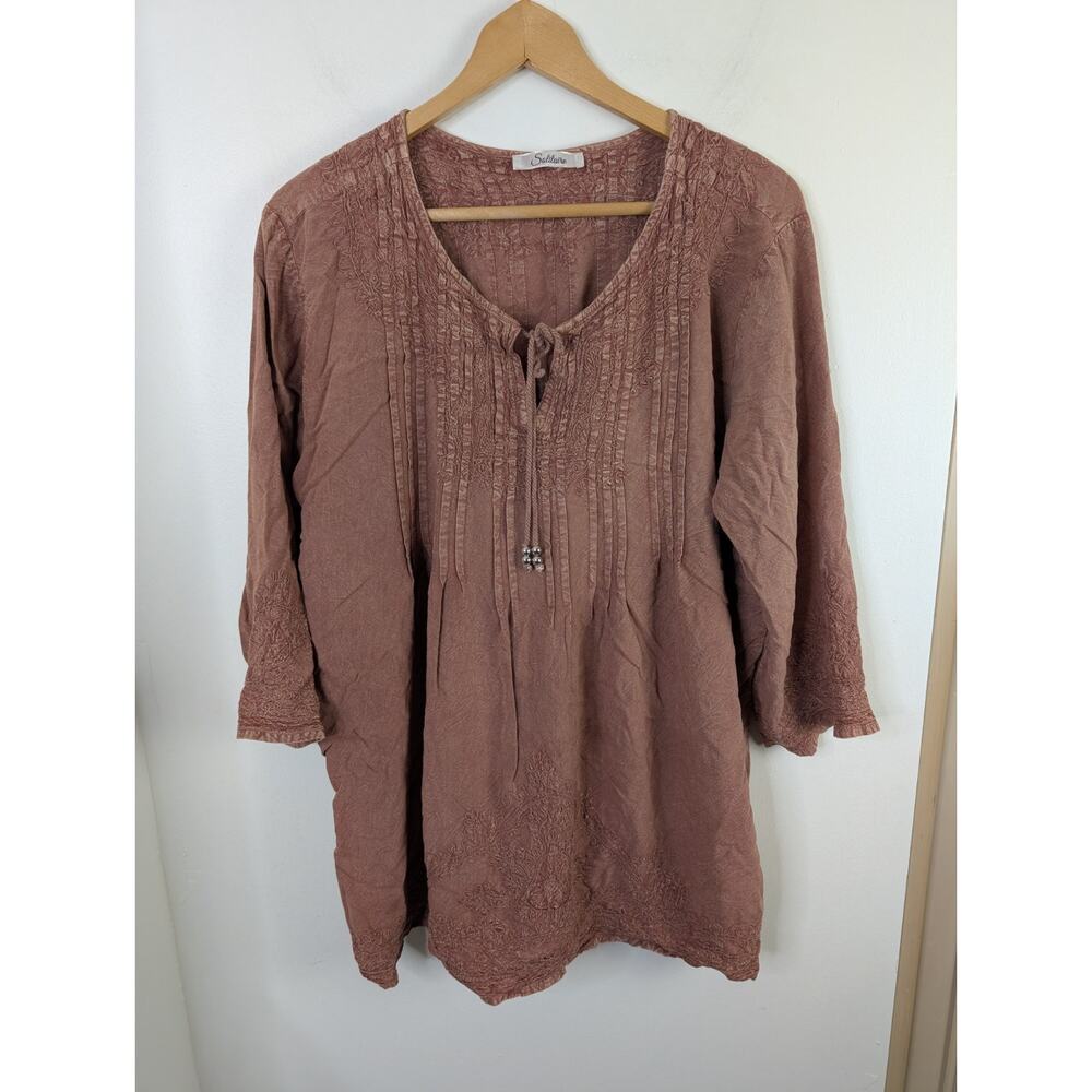 Solitaire Boho Hippie Dress Long Sleeve Brown Embroidered Short One Size